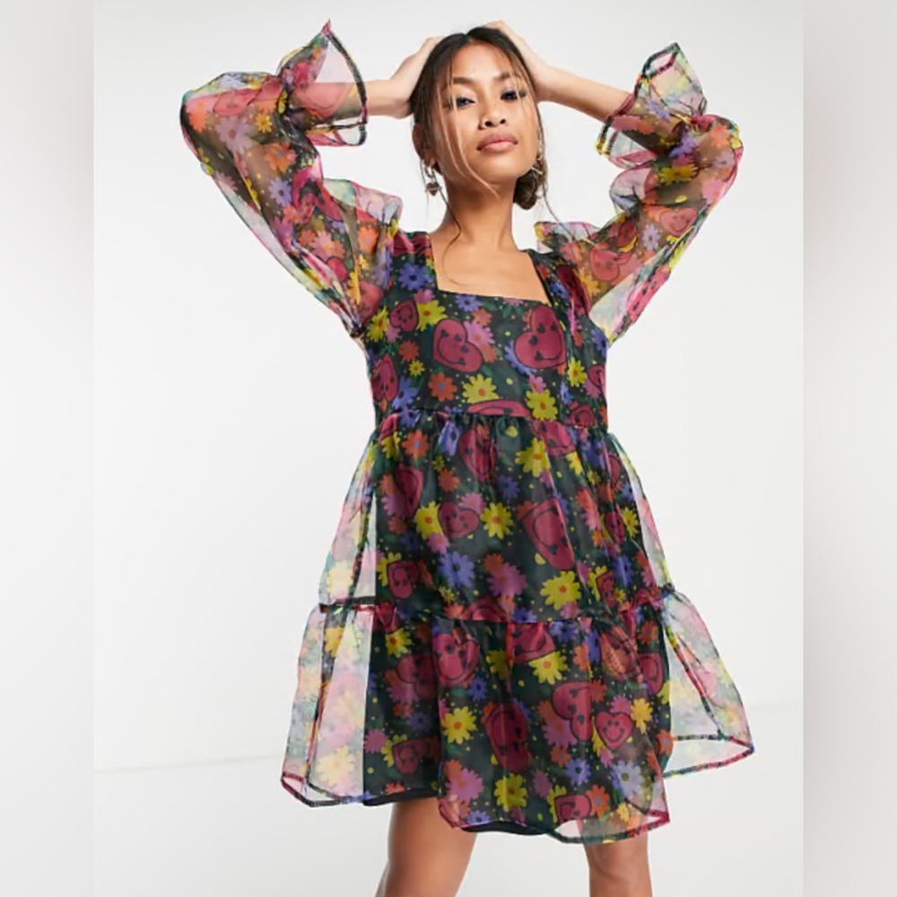 Twisted Wunder London - Sheer Floral Heart Print Long Sleeve Mini Dress